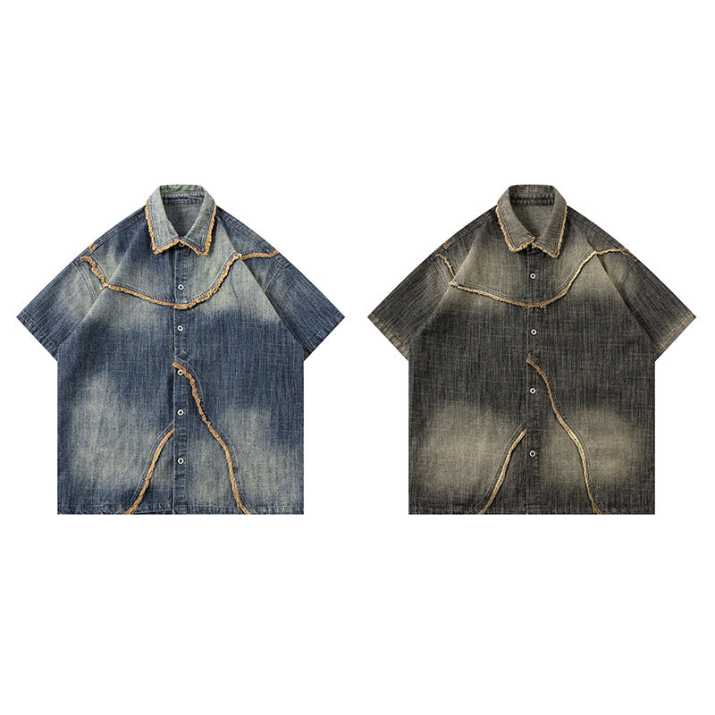 Washed Gradient Design Denim Short Sleeve Shirt