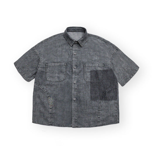 Washed and Distressed Loose-Fit Short-Sleeve Denim Work Shirt for Men