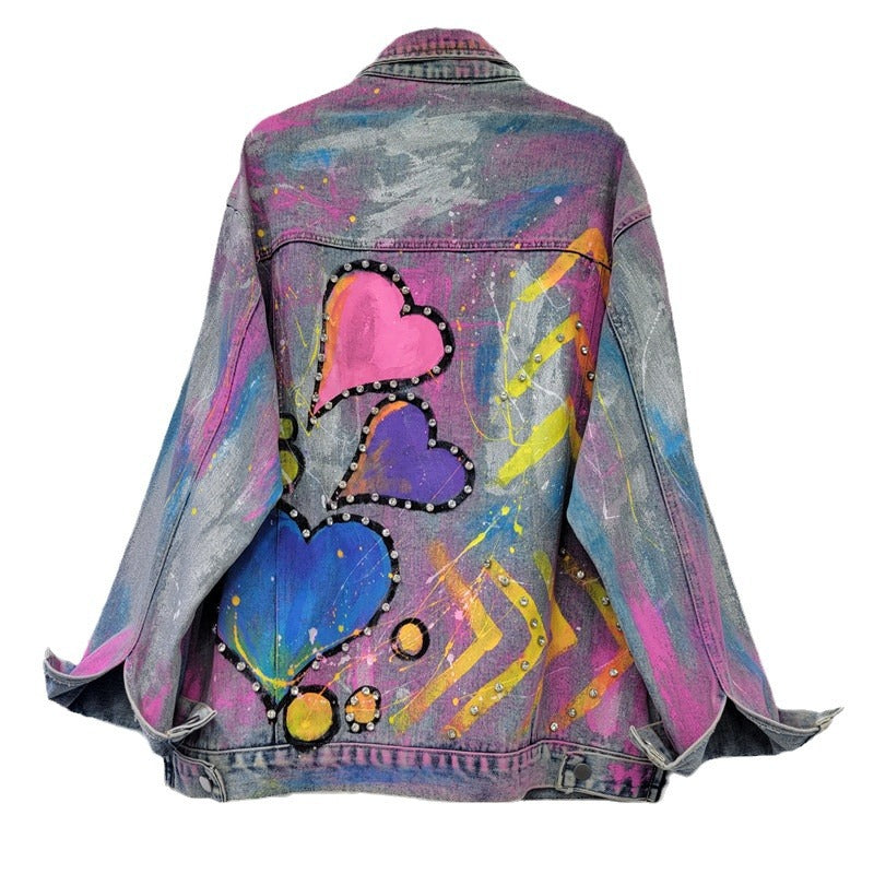 Women's Colorful Heart-Shaped Graffiti Denim Coat with Diamond Details