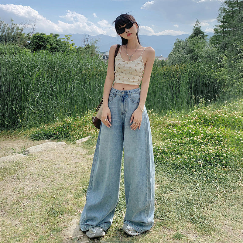 Women's High-Waist Blue Wide-Leg Denim Pants