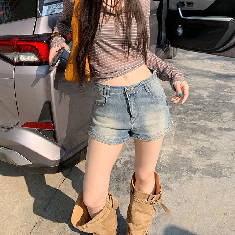 High-Elastic Denim Shorts for Women - High Waist Slimming A-Line Distressed Hot Pants