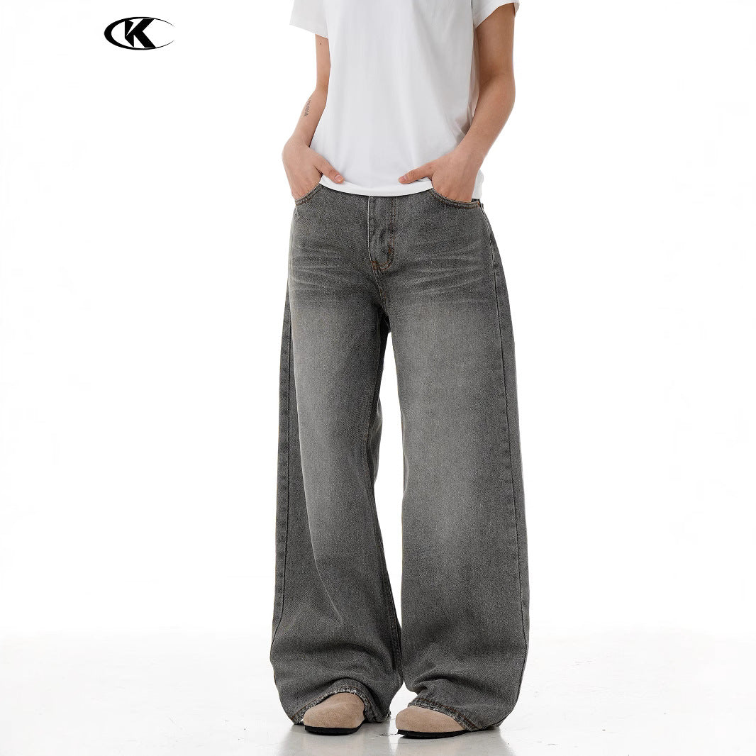 Grey Denim Pants for Men and Women – Vintage Straight Leg Loose Casual Long Pants