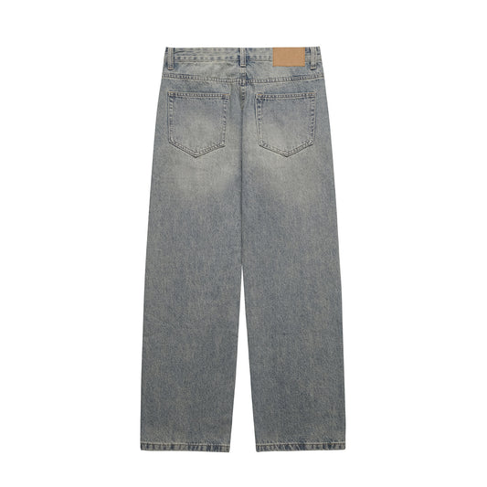 Distressed Cat-Whisker Relaxed Straight Leg Wide Leg Jeans Pants