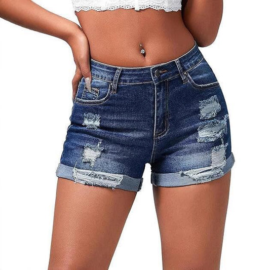 Elastic Hole Rolled Hem High Waist Women's Shorts - Streetwear Denim Pants