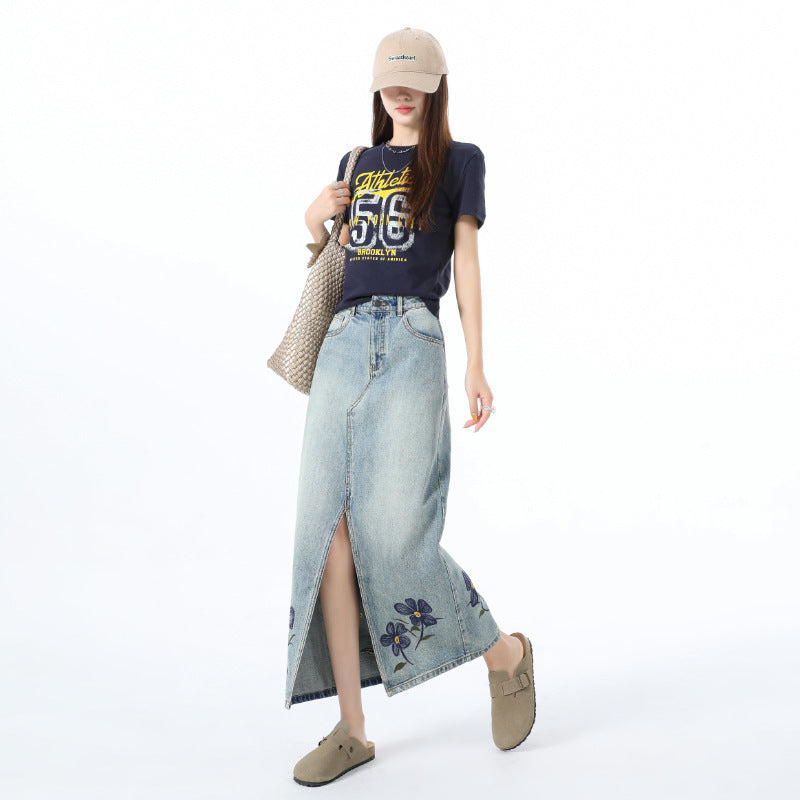 Embroidered Floral Denim Skirt for Women - High Waist Slim Fit Midi A-Line Dress