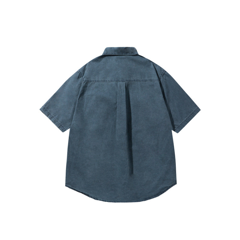 Retro Washed Distressed Patch Pocket Loose Workwear Shirt for Men