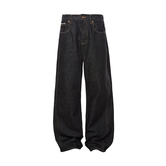 Dark Color Topstitching Straight Loose Commuting Denim Trousers
