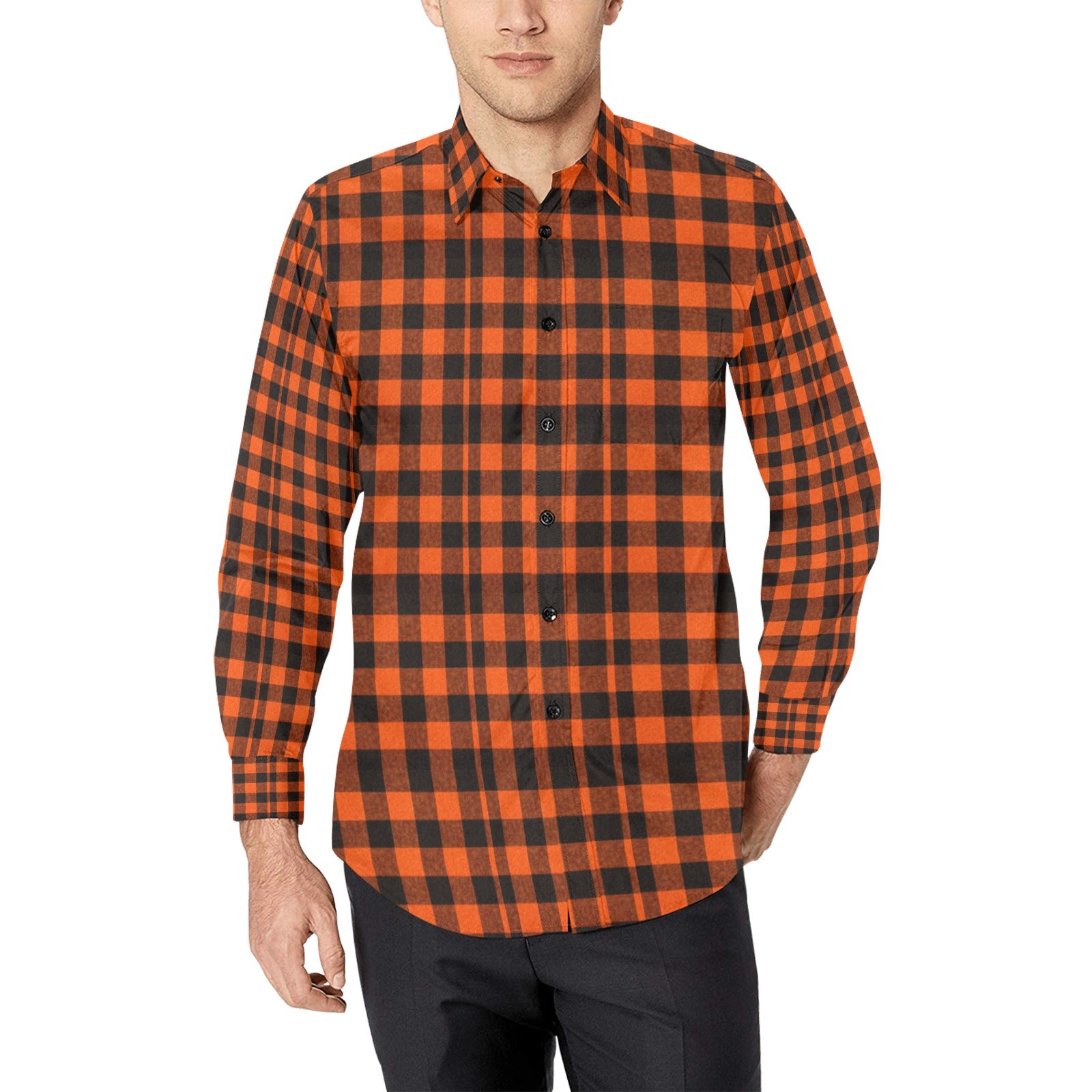 Burnt Orange and Black Lumberjack Checkered Pattern Men's All Over Print Long Sleeve Shirt