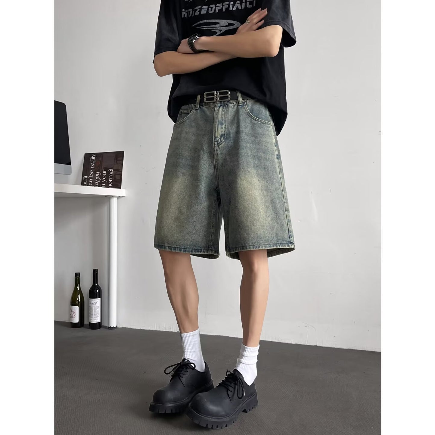 Washed Denim Loose Casual Straight Leg Cropped Pants