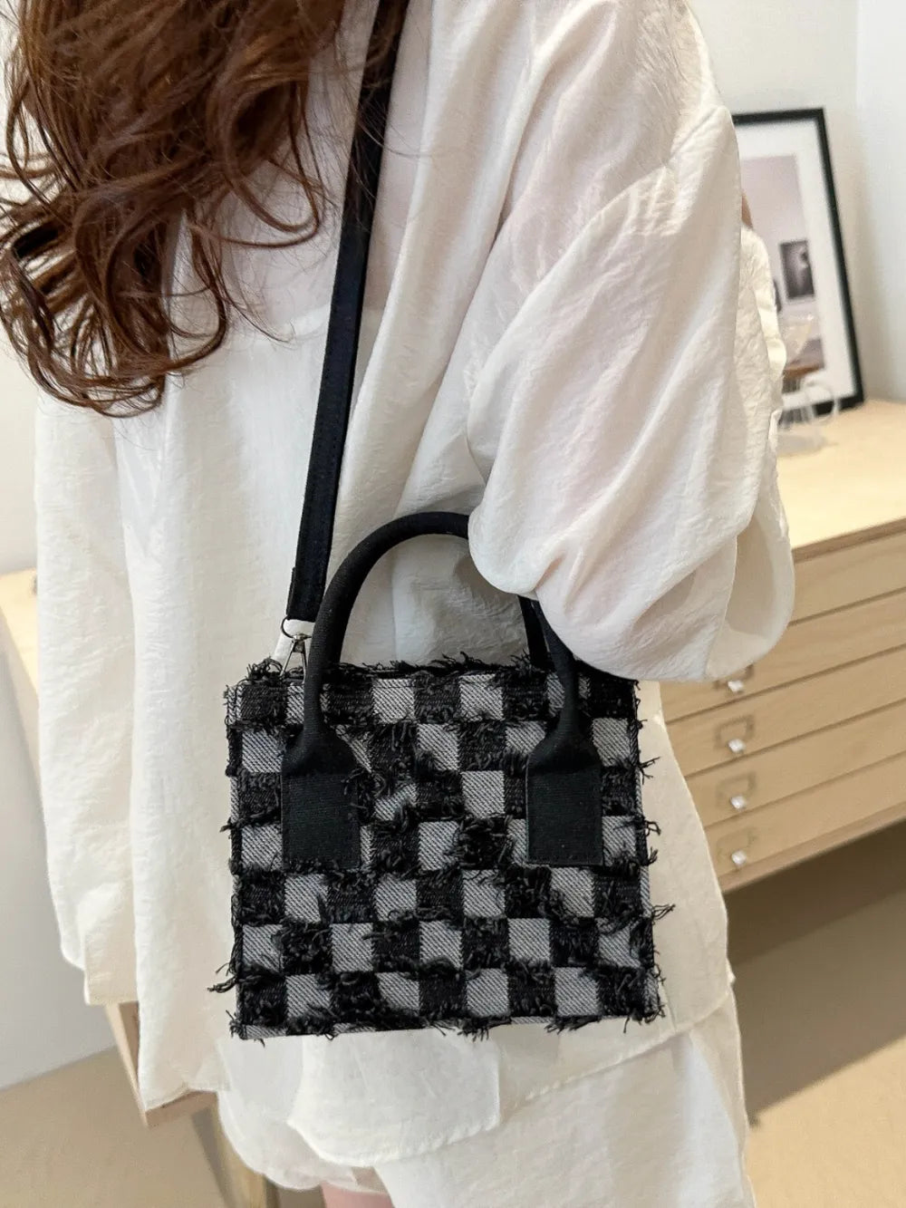 Handcrafted Checkered Denim Handbag with Raw Hem