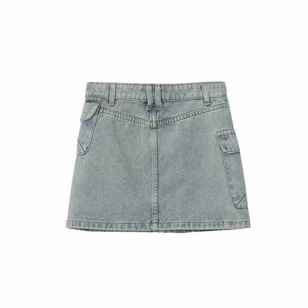 Vintage Short Denim Skirt with Pocket Decoration for Women
