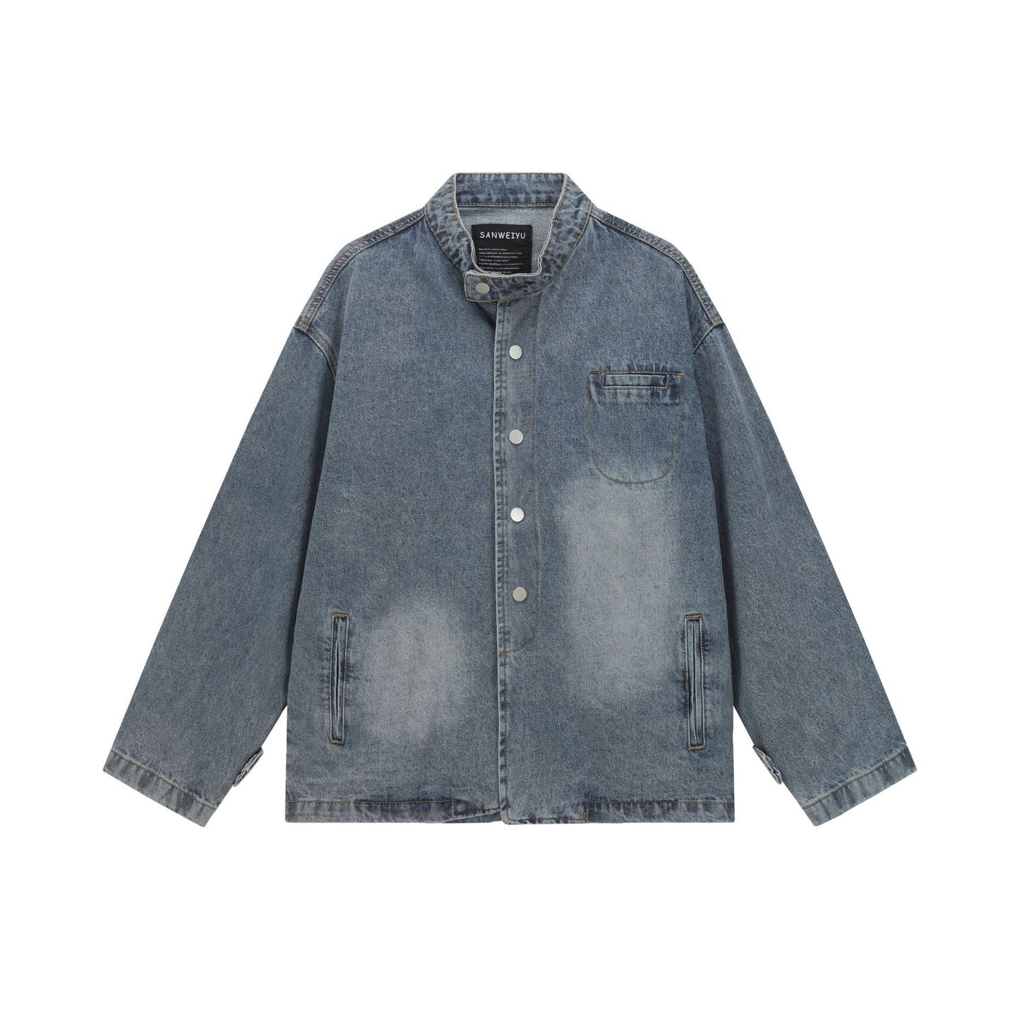 Solid Color Button-Up Stand Collar Loose Fit Denim Jacket