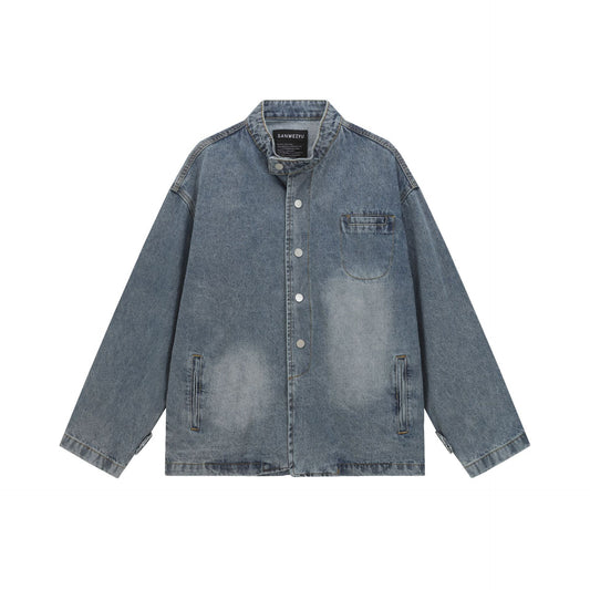 Solid Color Button-Up Stand Collar Loose Fit Denim Jacket