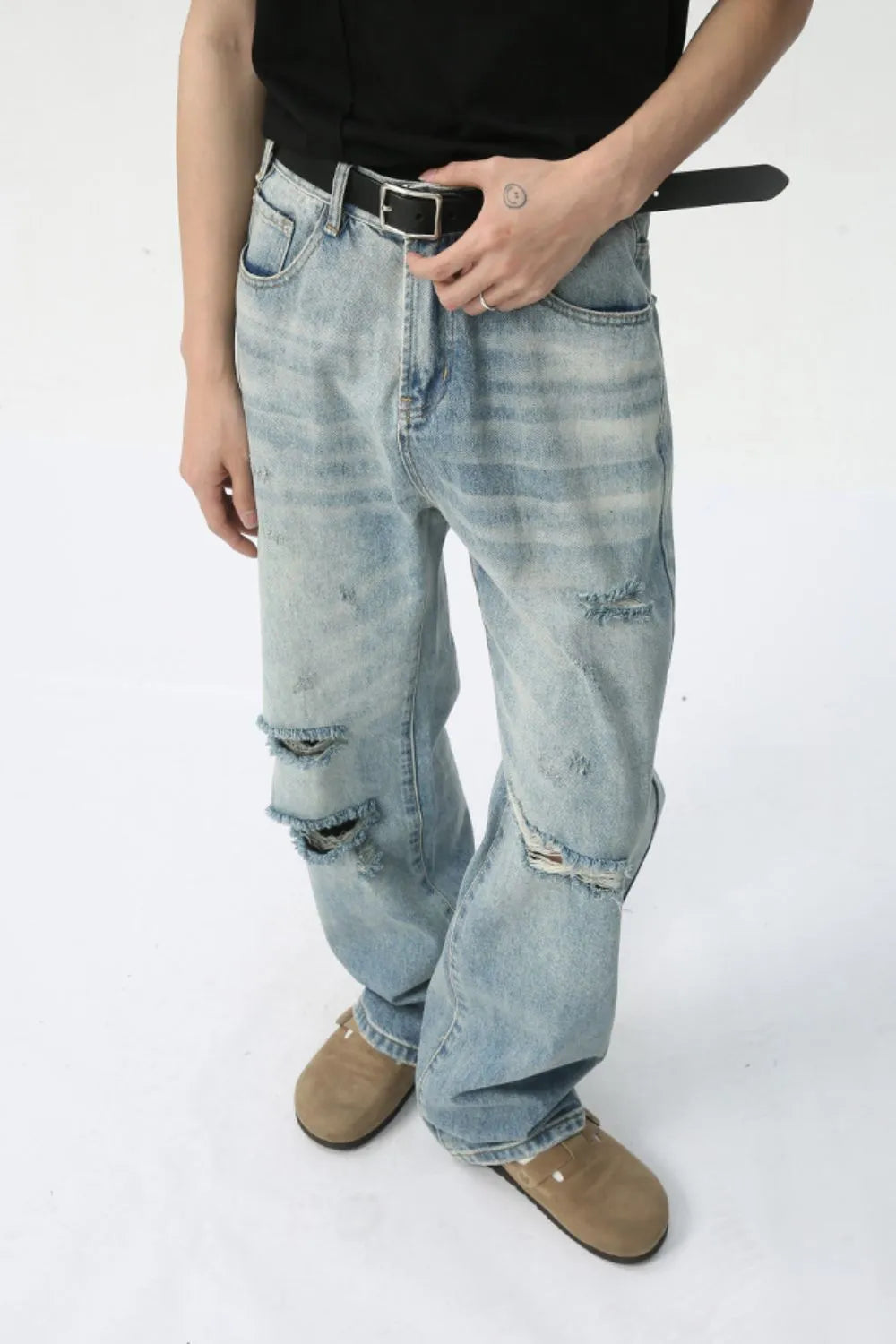 Distressed Wide Leg Jeans - Premium Japanese Denim