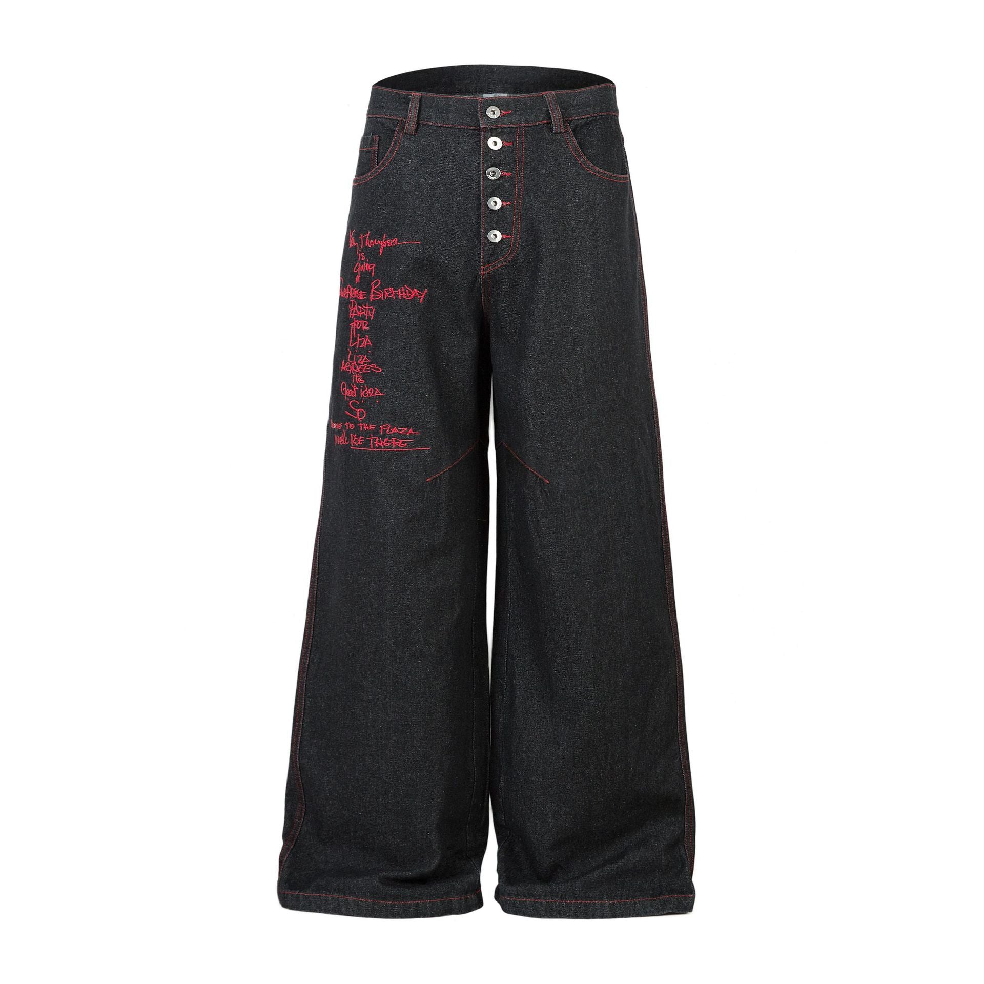 High-Street Personalized Color-Block Embroidered Denim Long Pants