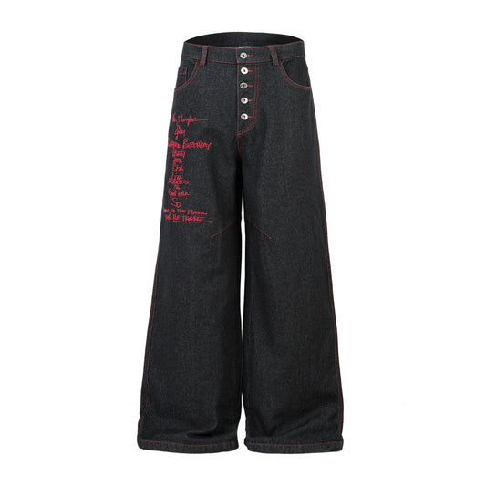 High-Street Personalized Color-Block Embroidered Denim Long Pants