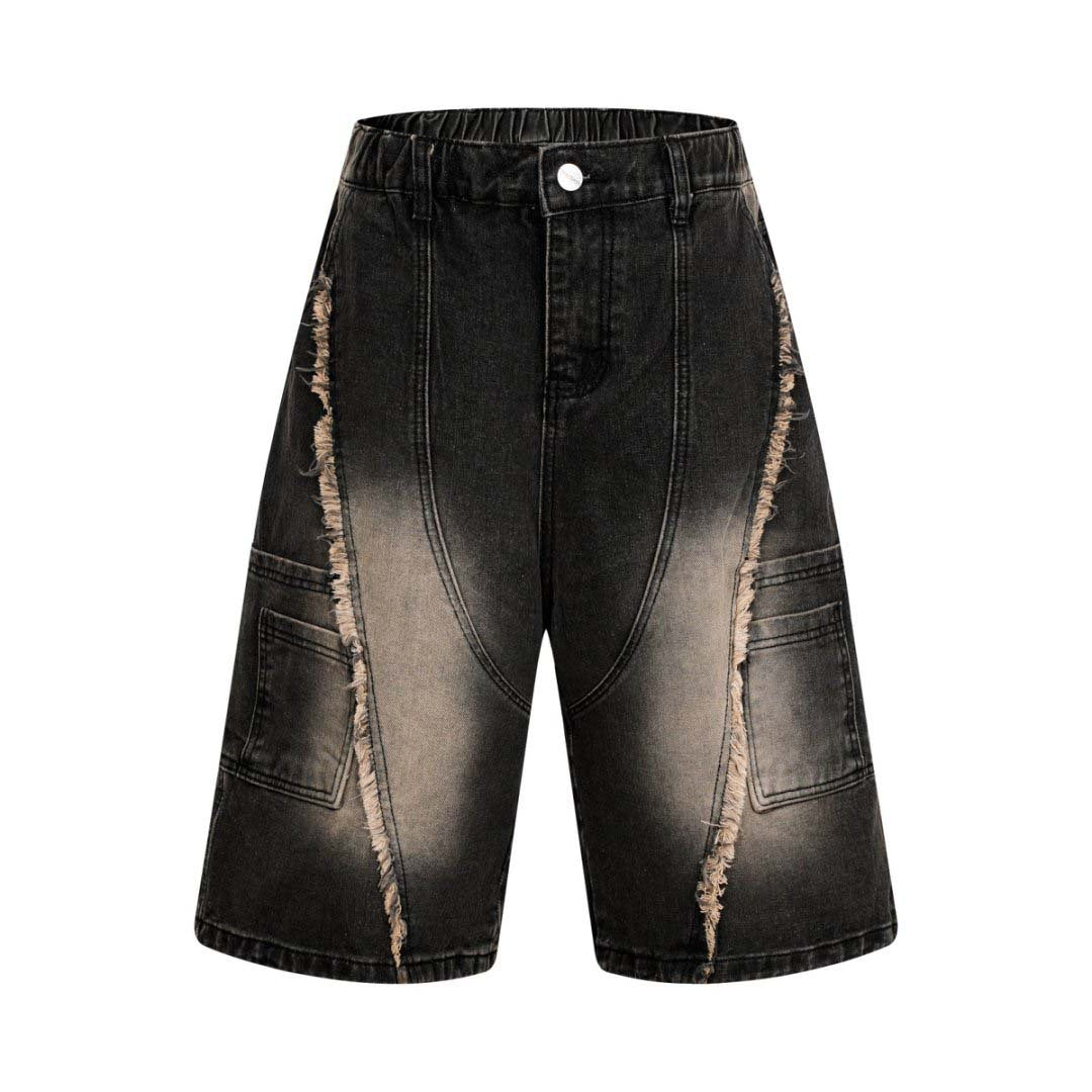 Washed Distressed Patchwork Whisker Pocket Denim Pants - Unisex Loose Fit