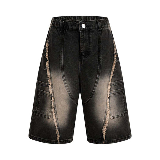 Washed Distressed Patchwork Whisker Pocket Denim Pants - Unisex Loose Fit