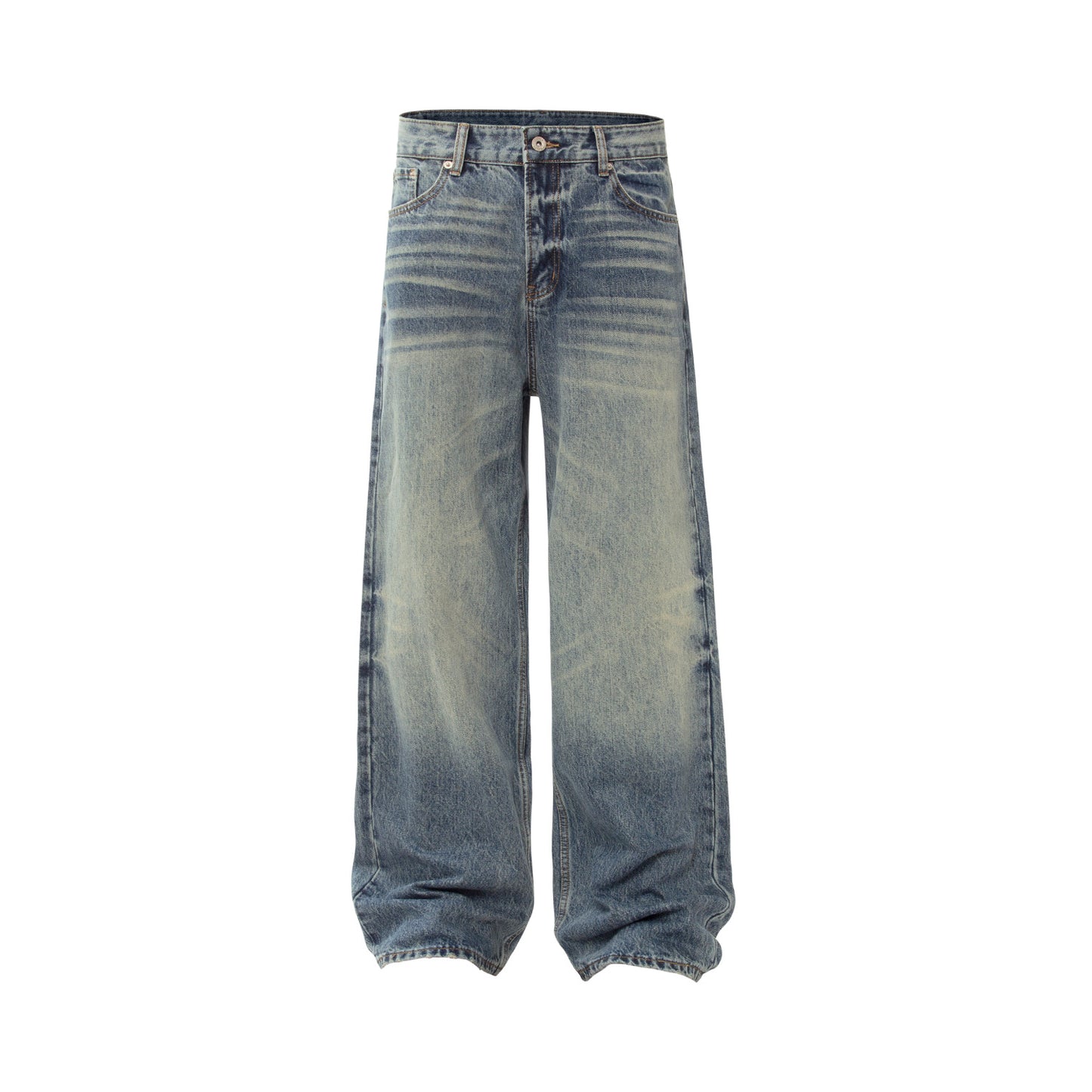 Unisex Vintage High-End Cat Whisker Pattern Raw Denim Washed Loose Fit Jeans