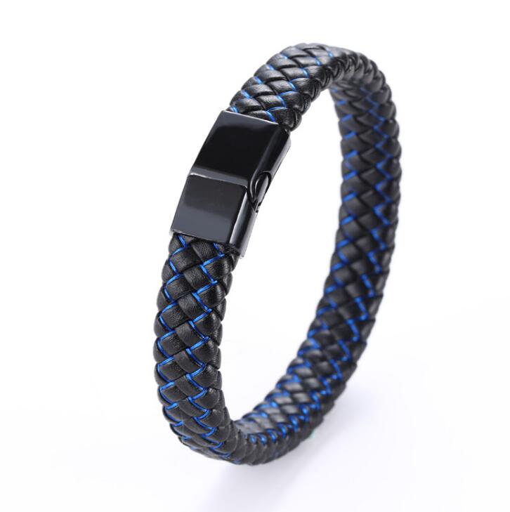 Braided Black Blue Leather Bracelet for Men with Stainless Steel Magnetic Clasp