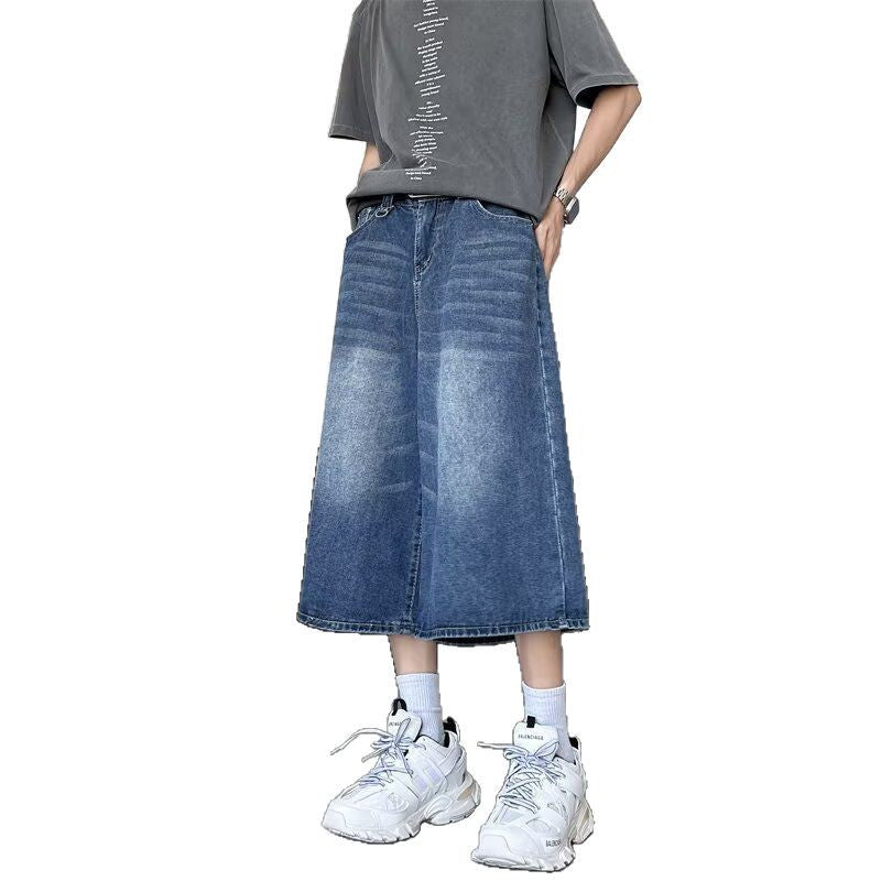 Retro Washed Wide Leg Seven Quarter Jeans for Men