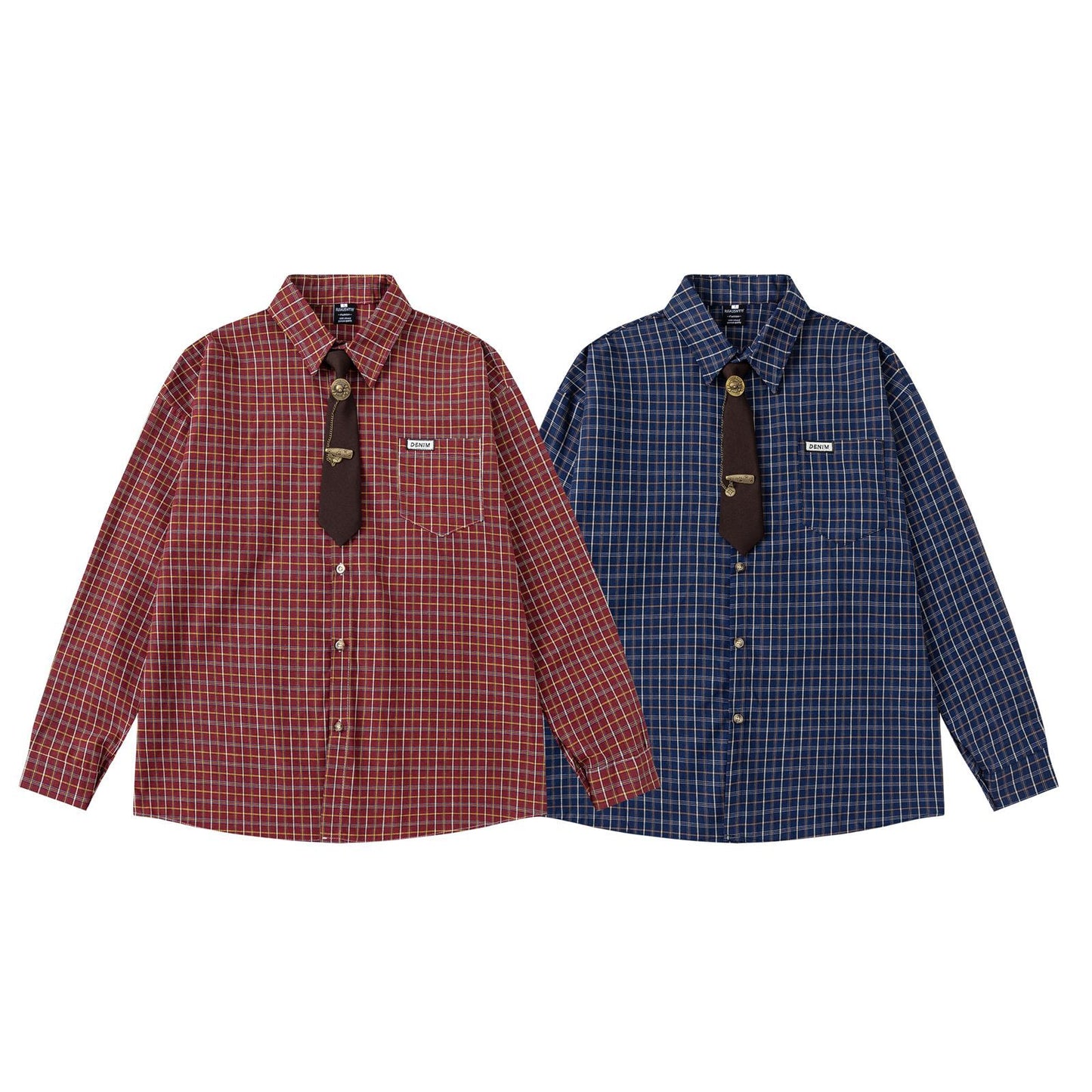 College Style Plaid Tie Long Sleeve Shirt