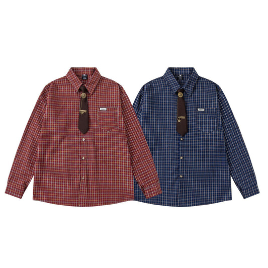 College Style Plaid Tie Long Sleeve Shirt