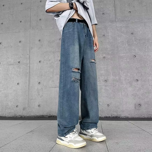 Retro Street Slimming Straight Blue Pants