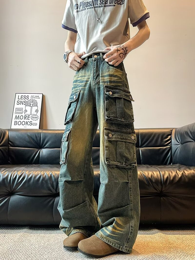 Washed and Worn Multi Pocket Wide Leg Hanging Long Pants