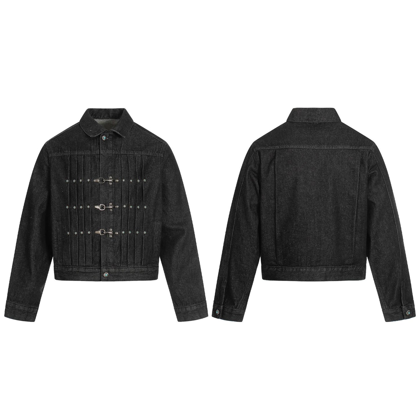 High-End Retro Raw Denim Men's Short Jacket with Crumpled Metal Button Design