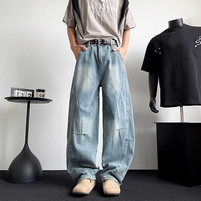 Casual Patchwork Washed Leather Loose Straight Leg Pants