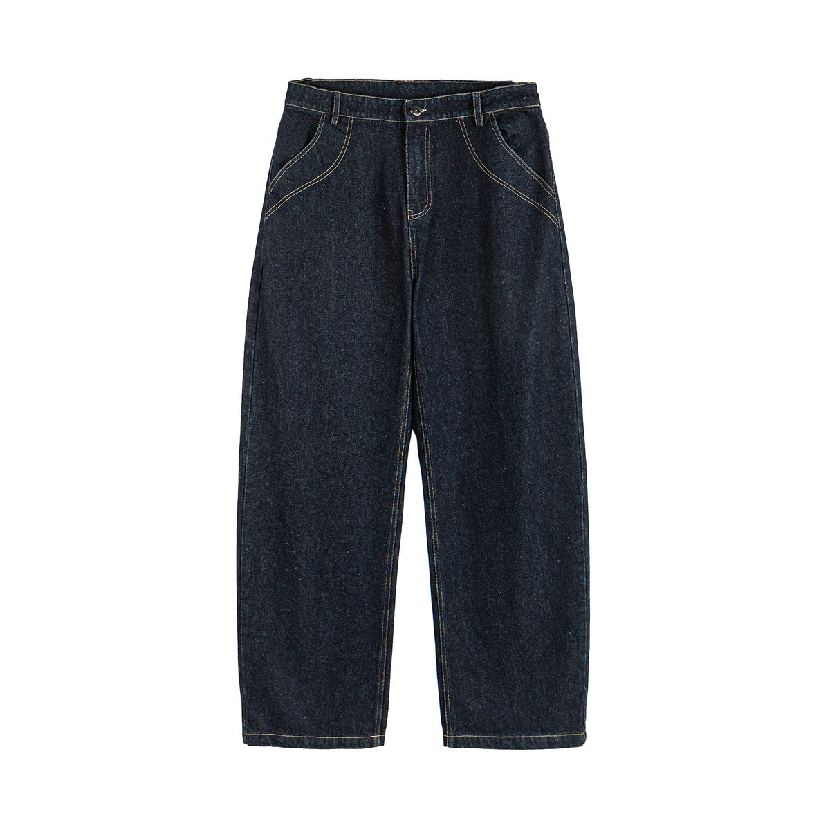 Straight Loose Fit Denim Pants with Visible Stitching in Original Color - Casual Wide Leg Jeans