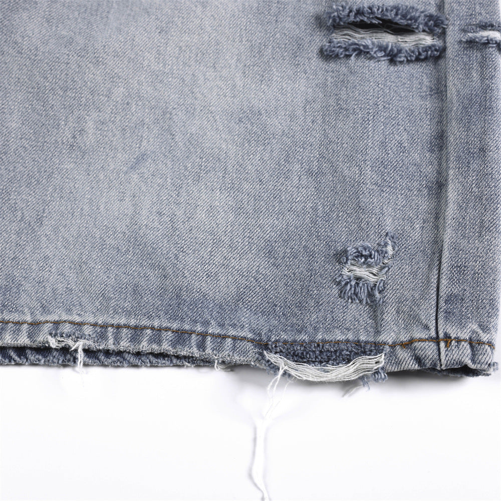 Men's Distressed Denim Shorts — Loose Fit Mid Waist Zipper Fly (Ripped Blue)