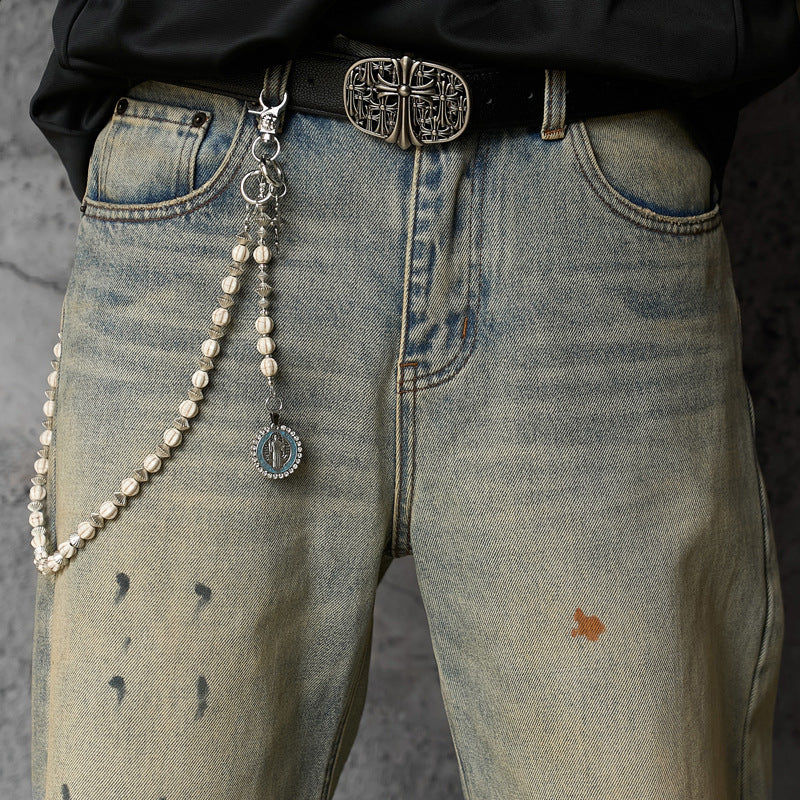 Design Spray Painted Knife Pants for Men - Loose Fit Distressed Denim Jeans