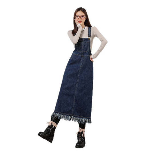Retro Denim Pinafore Dress for Women with High Waist and Loose Fit