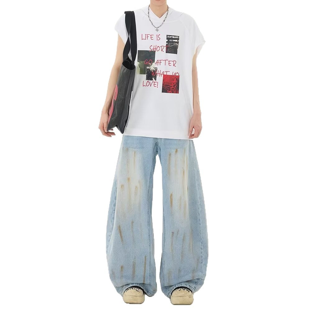 Distressed Wide-Leg Floor-Length Denim Pants with Curved Knife Design