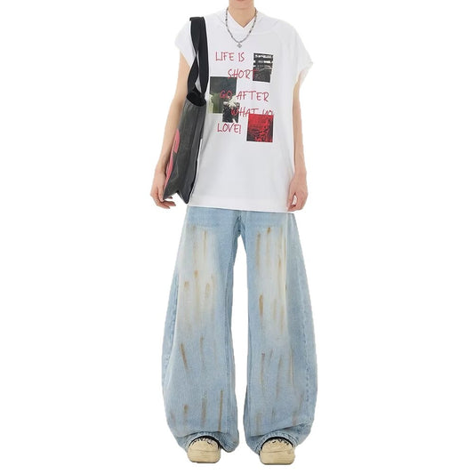 Distressed Wide-Leg Floor-Length Denim Pants with Curved Knife Design
