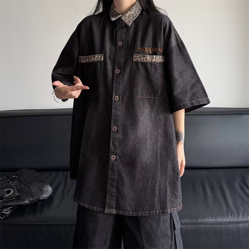 Women's Vintage Style Spliced Denim Short-Sleeve Shirt