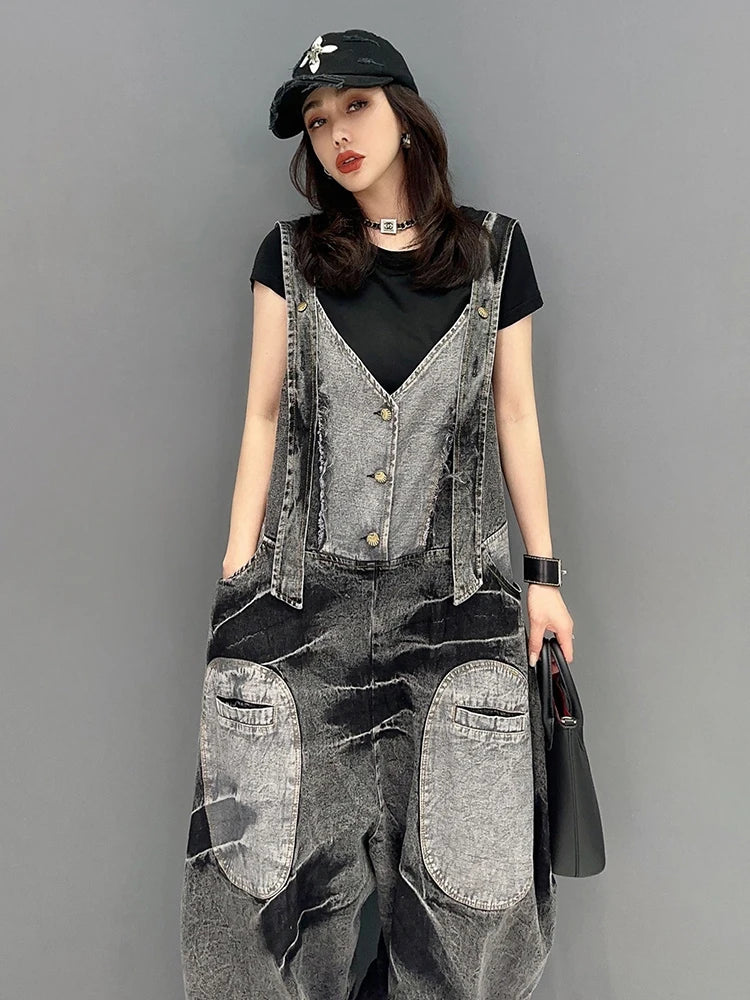 Fashion Women's Denim Patchwork V-neck Single Breasted Pocket Casual Loose Rompers for Summer