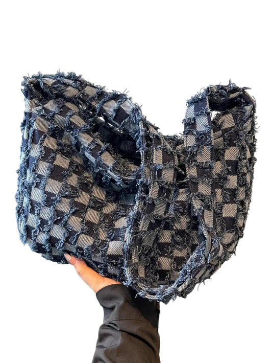 Checkered Raw Edge Denim Shoulder Bag