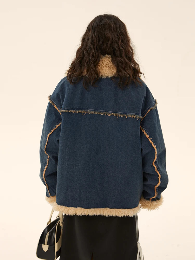 Women's Denim Coat with Fur Lapel - Single Breasted