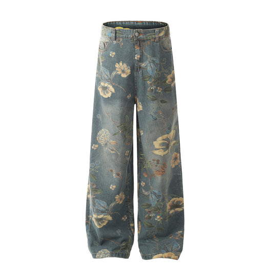 Unisex Floral Print Denim Pants with Unique Design - Straight Loose Wide Leg