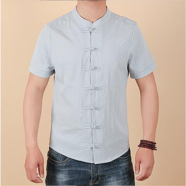 Men's Chinese Style Linen Slim Fit Casual Short Sleeve Shirt