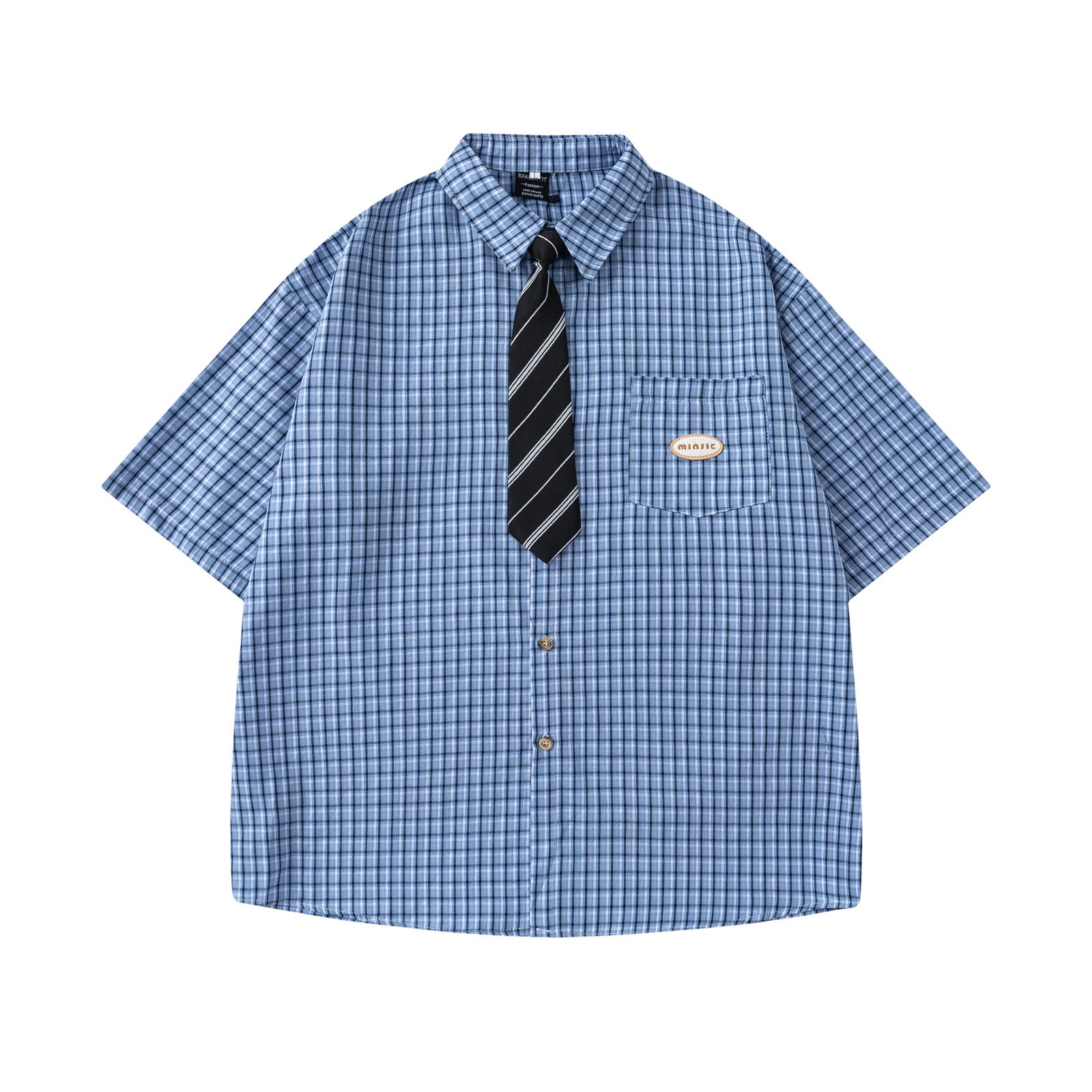 Retro Plaid Tie Collar Short Sleeve Shirt for Men and Women