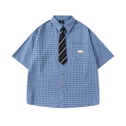 Retro Plaid Tie Collar Short Sleeve Shirt for Men and Women