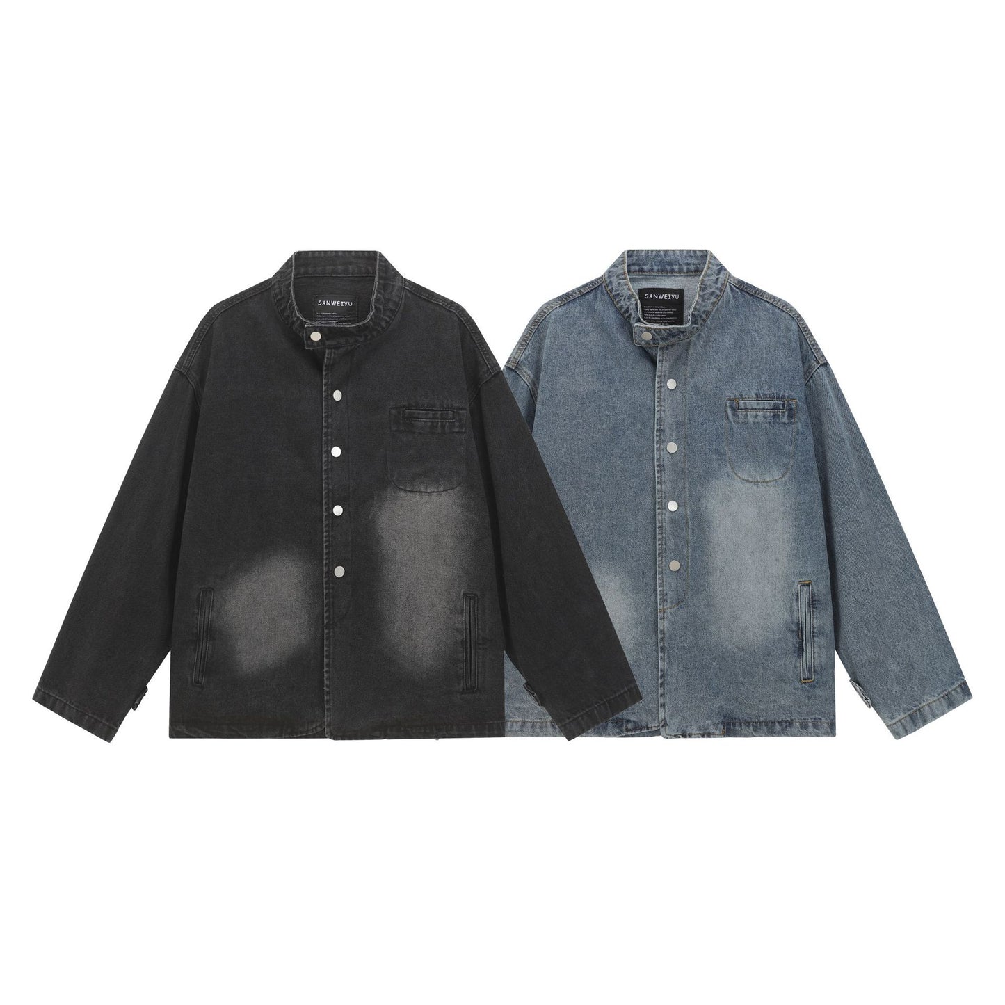 Solid Color Button-Up Stand Collar Loose Fit Denim Jacket