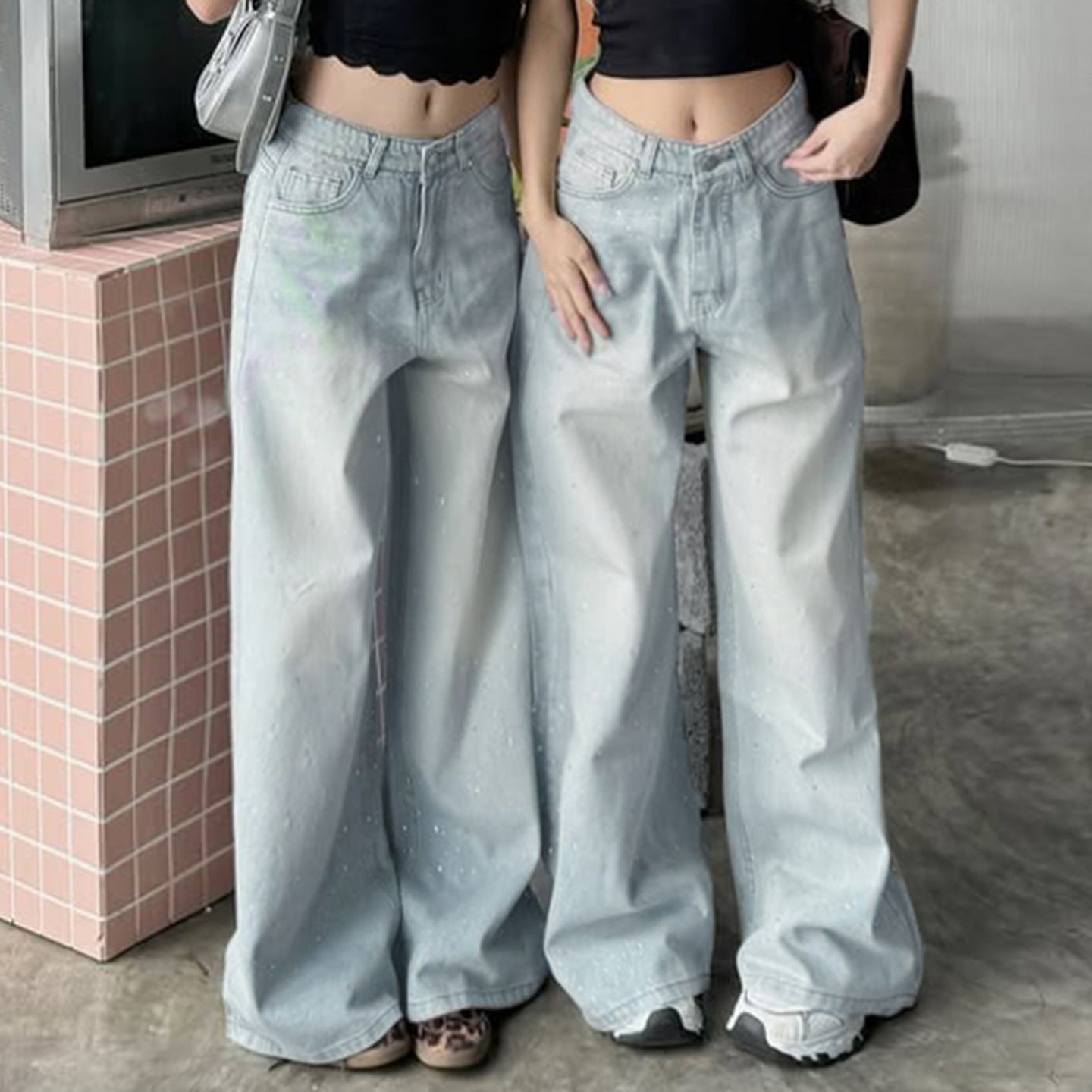 Retro Washed Rhinestone Low Rise Jeans