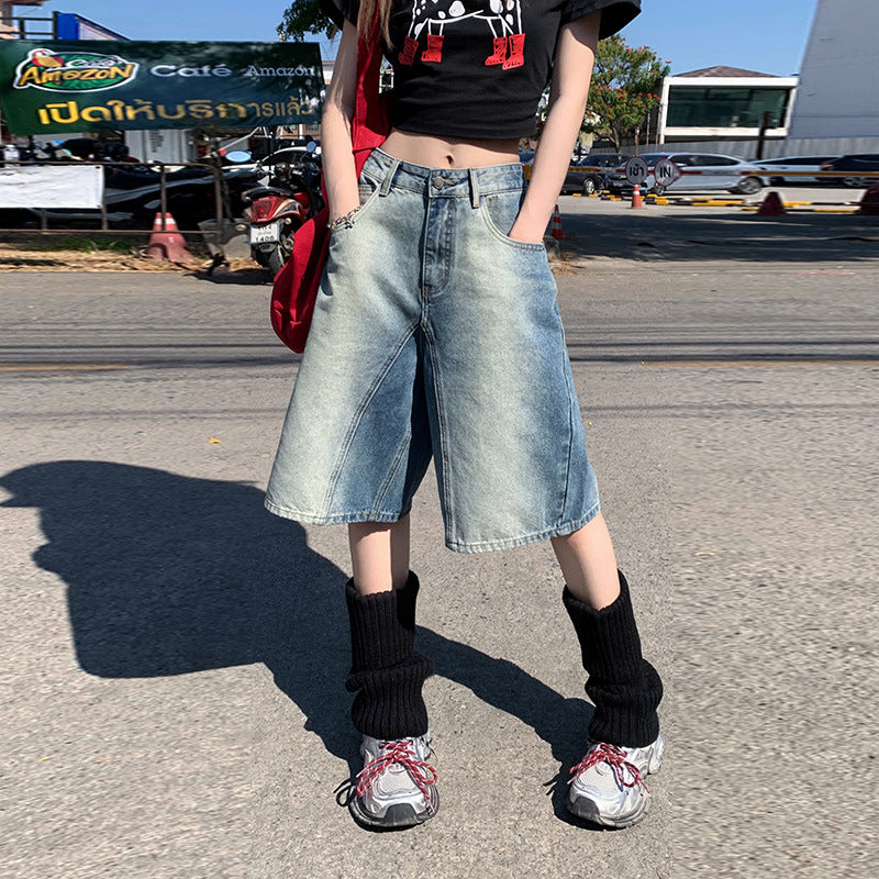 Women's Washed Straight Denim Shorts - Loose Slimming Gradient Color Five-Point Pants