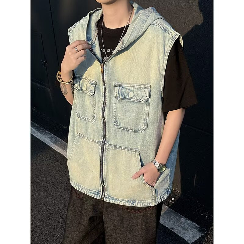 Hooded Denim Retro Loose Zipper Sleeveless Vest Jacket