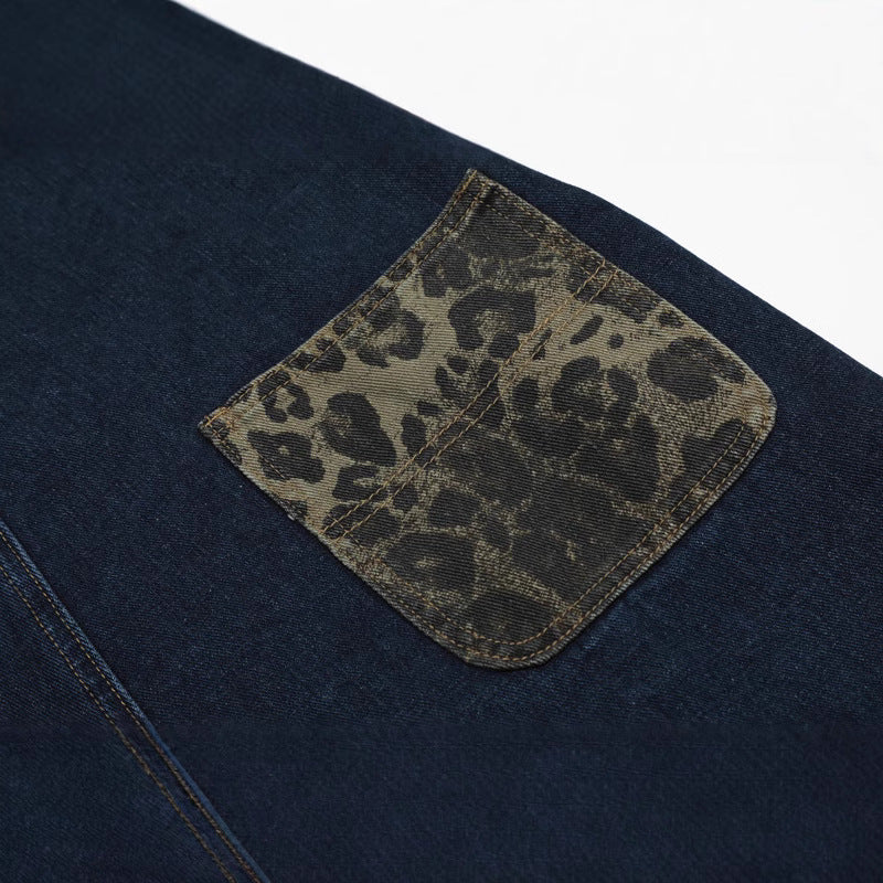 Retro Camouflage Spliced Workwear Overalls - Unisex Casual Wide Leg Jeans